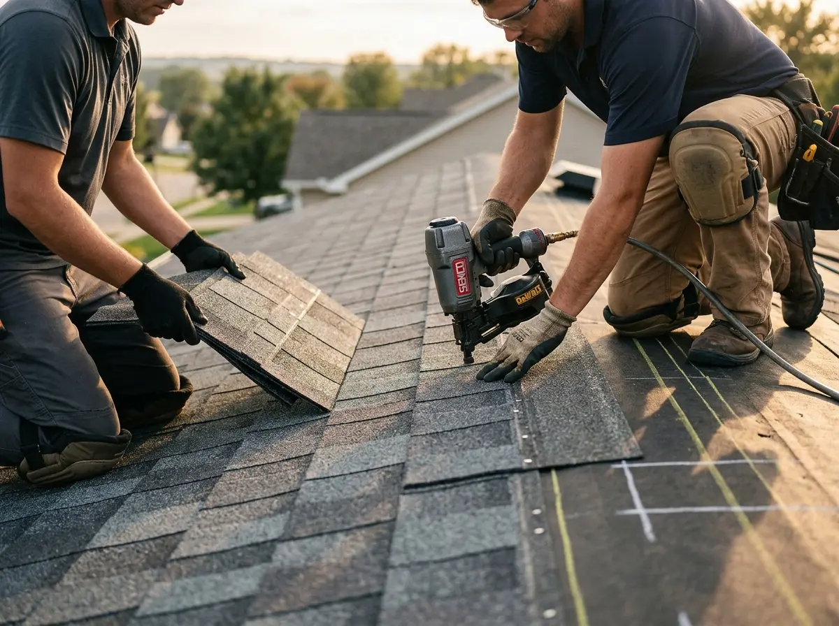 Professional roofer working on a residential roof in Spokane Valley